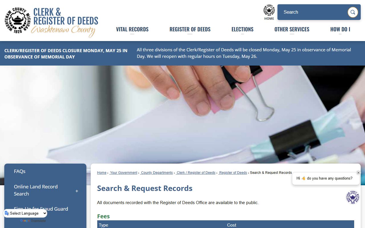 Washtenaw County Clerk search and request records page