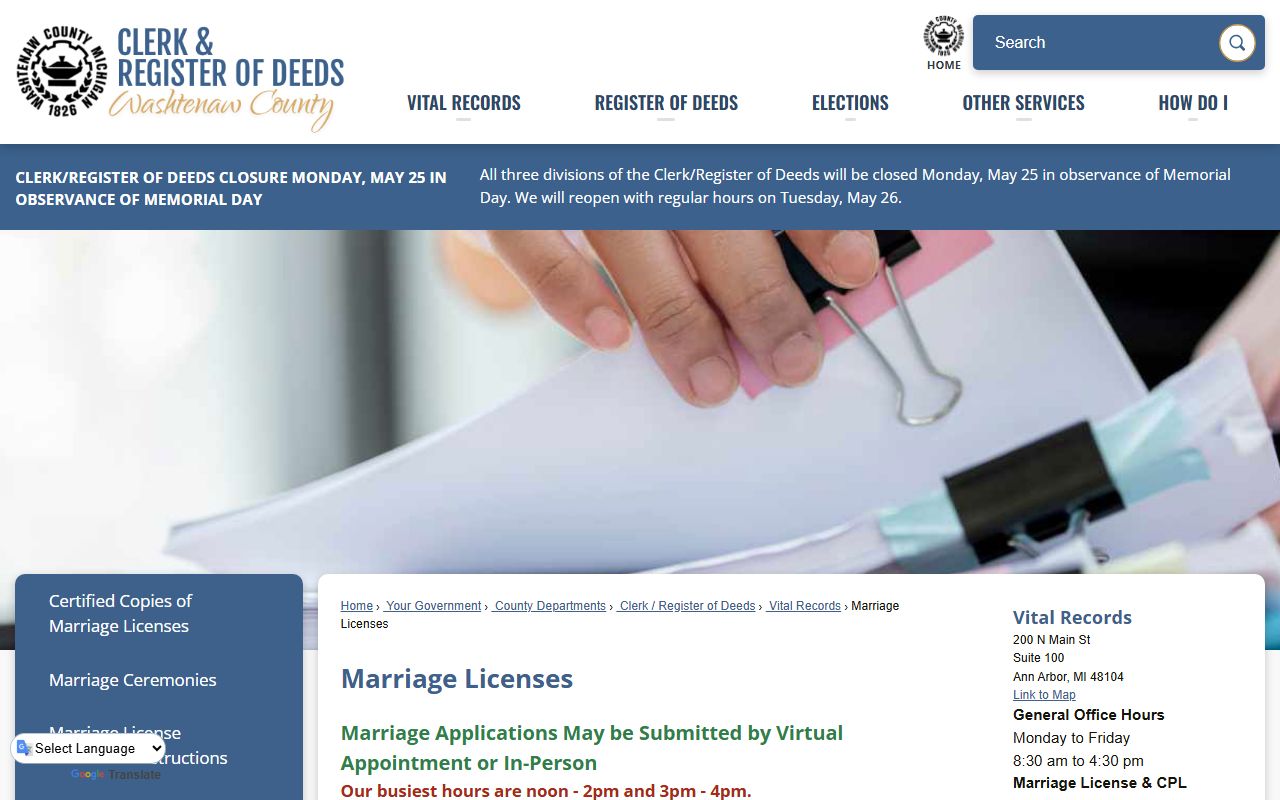 Washtenaw County Clerk Marriage licenses page
