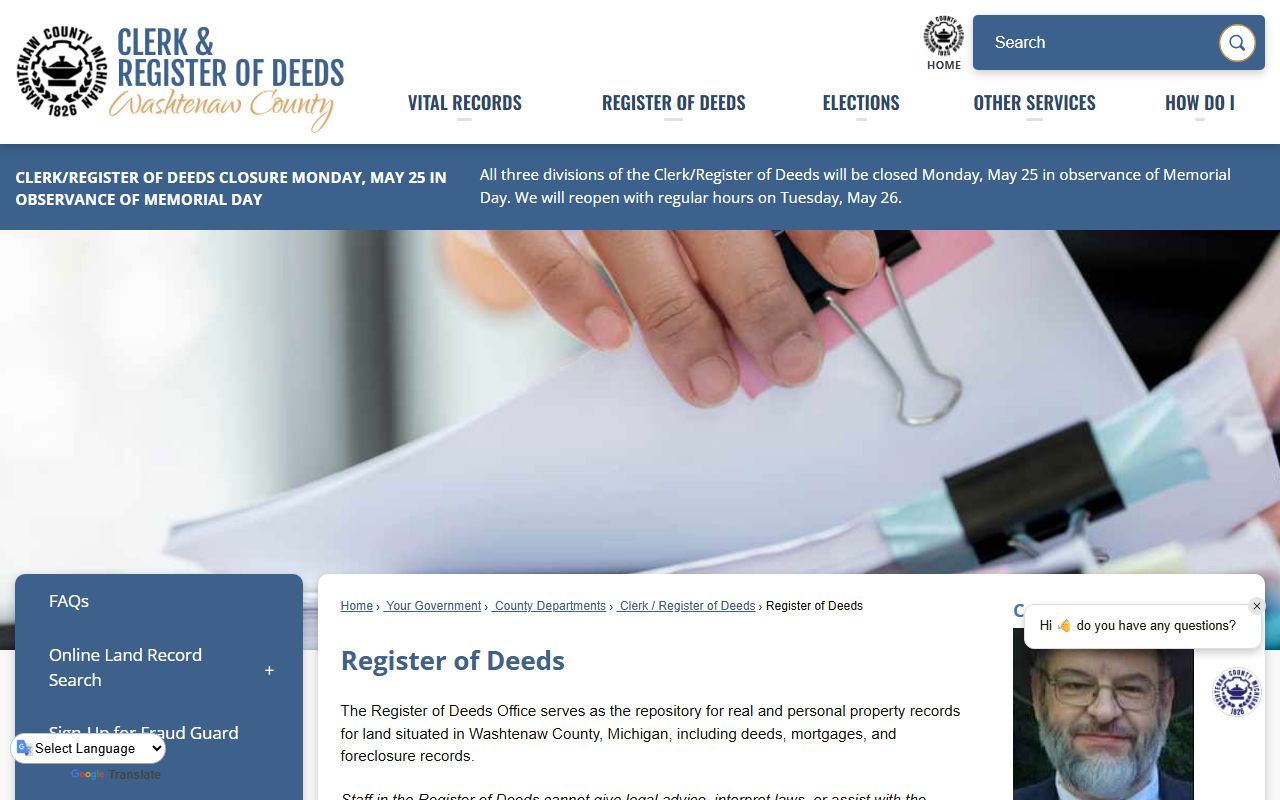 Washtenaw County Clerk Register of Deeds main page