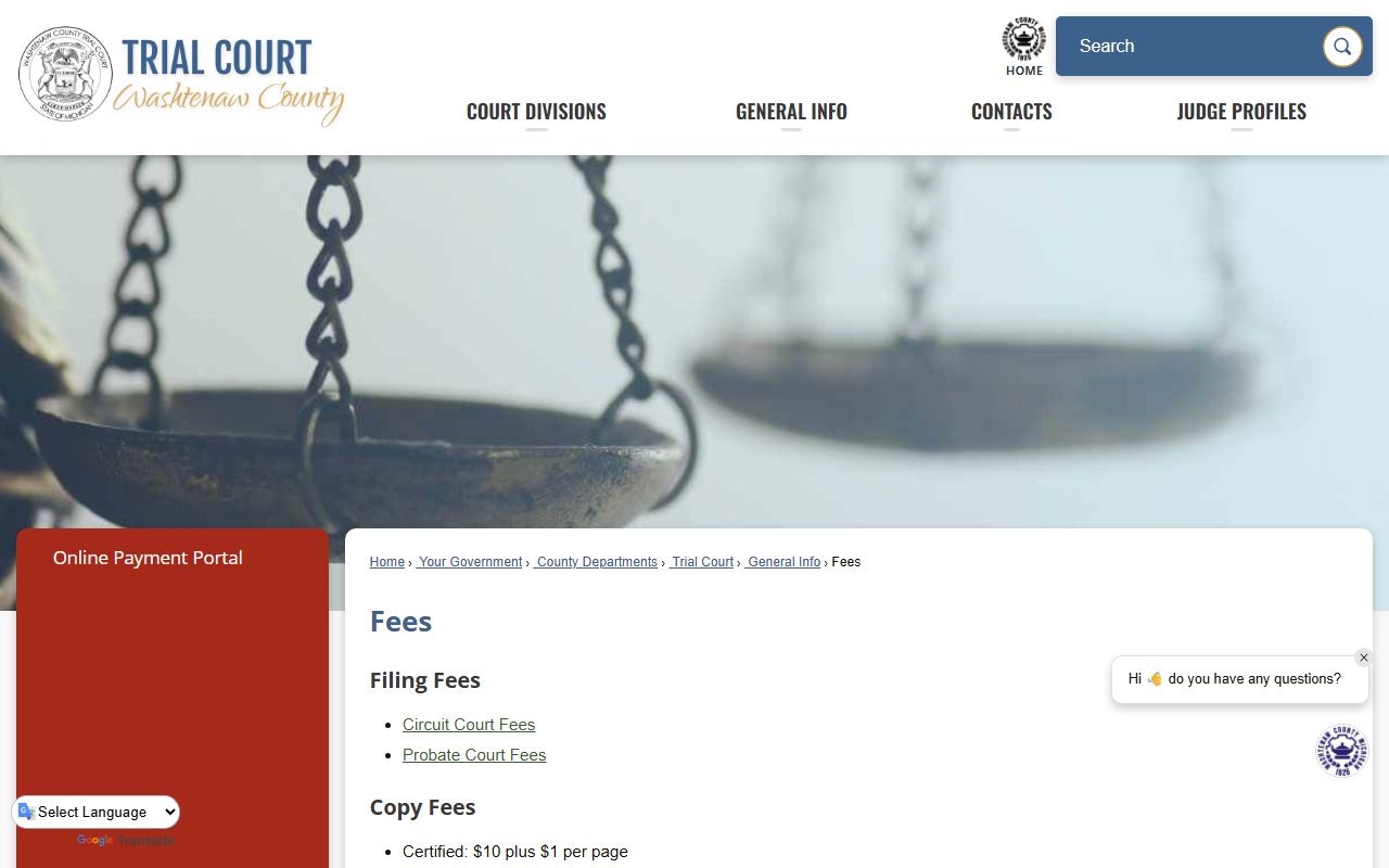 Washtenaw County Court Records Trial Court fees page