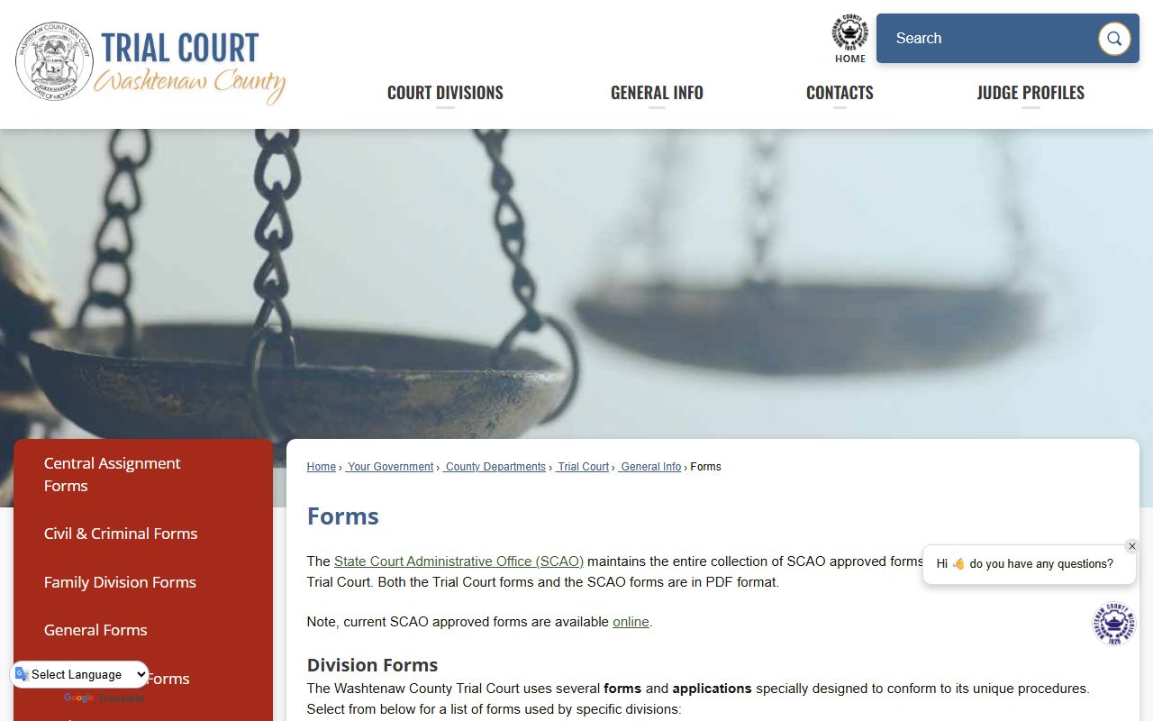 Washtenaw County Court Records Trial Court forms page