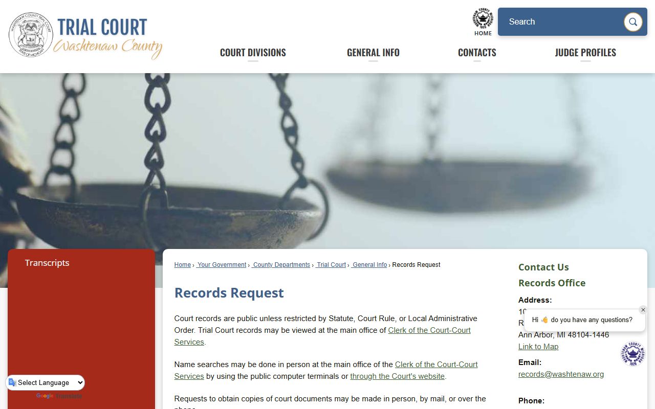 Washtenaw County Court Records Trial Court records request landing page