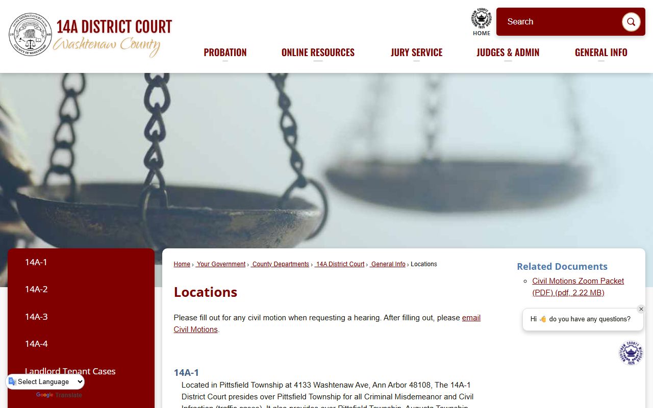 Washtenaw County District Court 14A locations page
