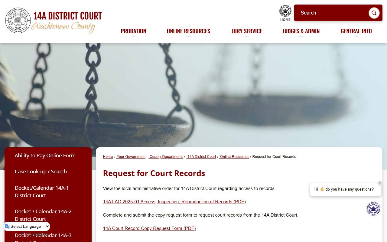 Washtenaw County District Court 14A record requests page