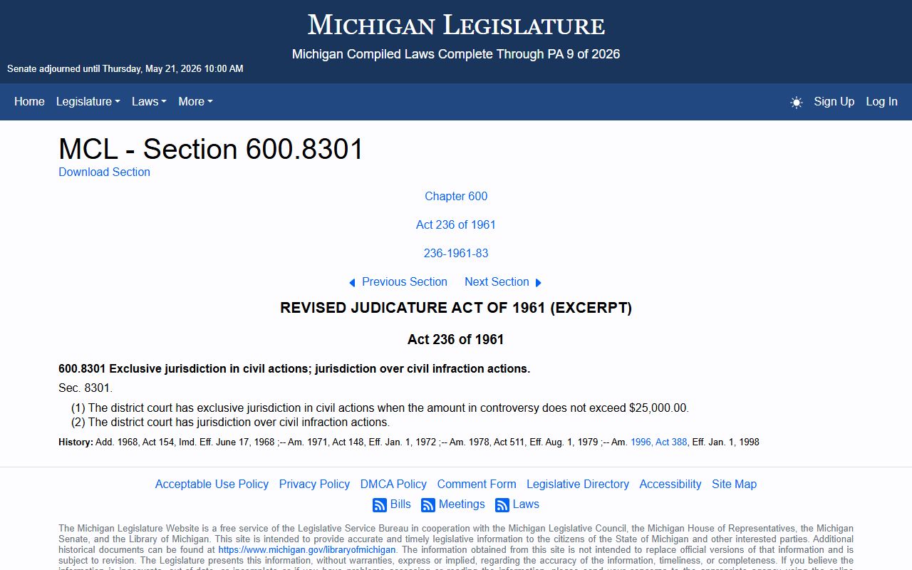 Washtenaw County District Court civil jurisdiction statute