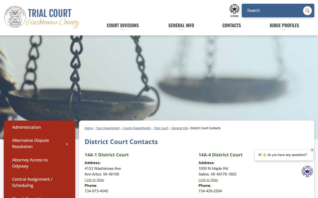 Washtenaw County District Court contacts page