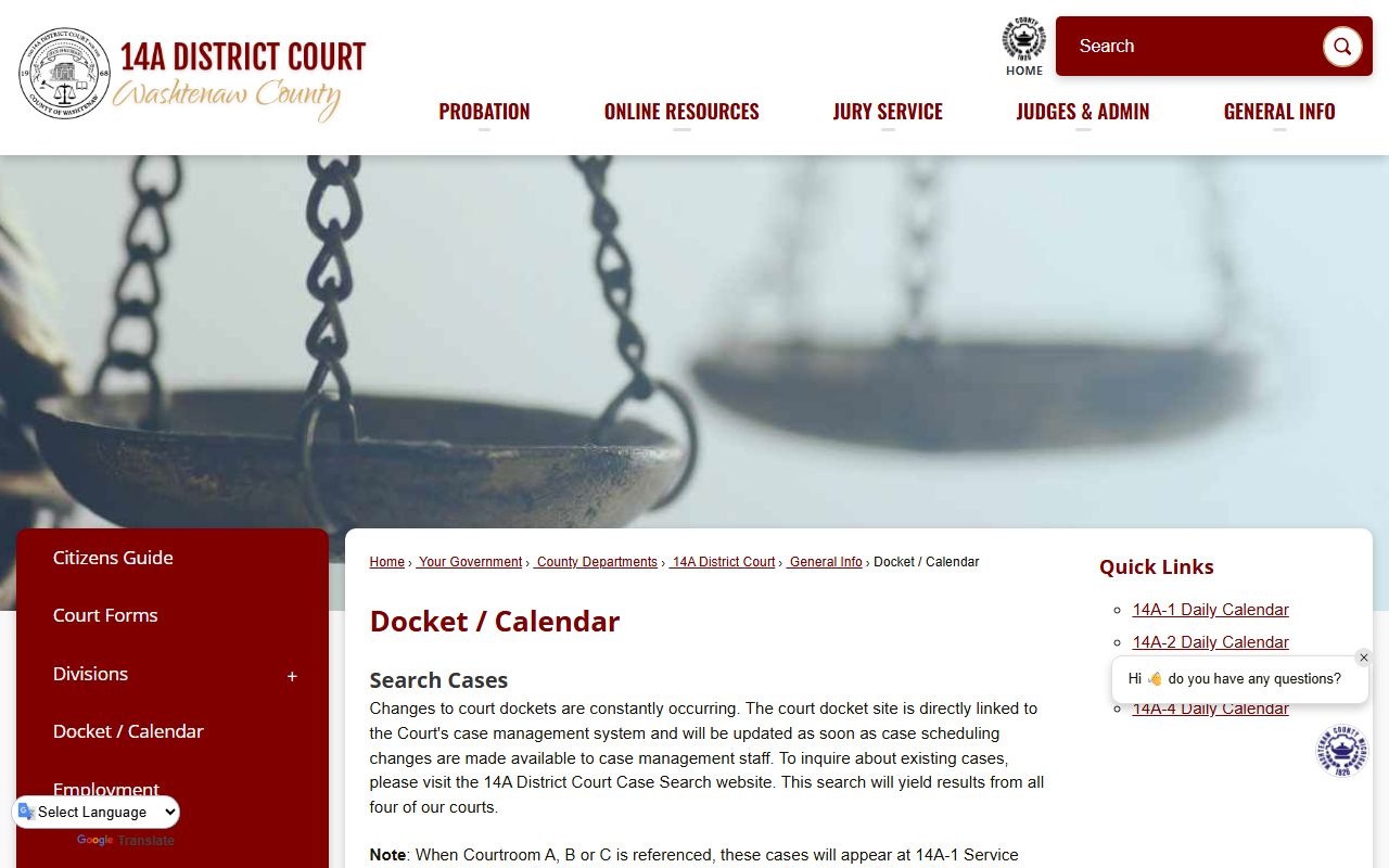 Washtenaw County Court Records 14A District Court docket calendar