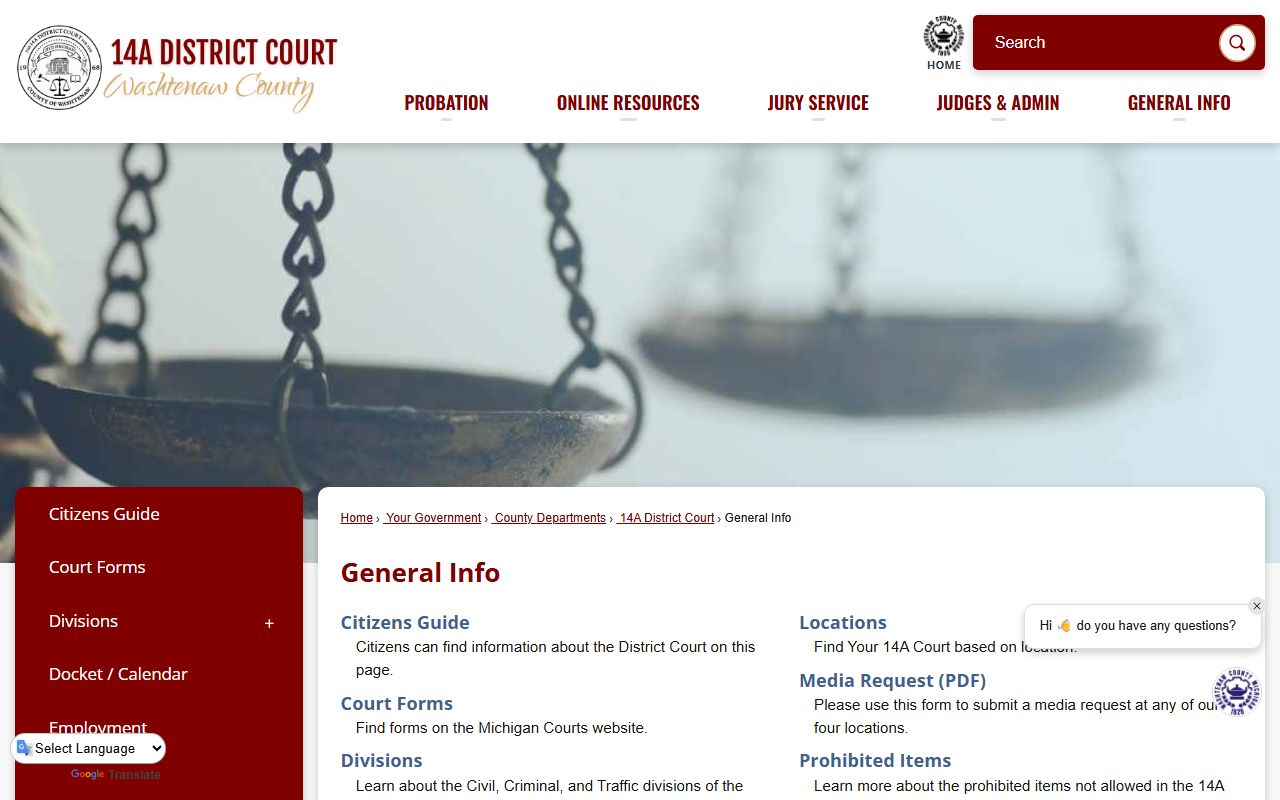 Washtenaw County Court Records 14A District Court general information