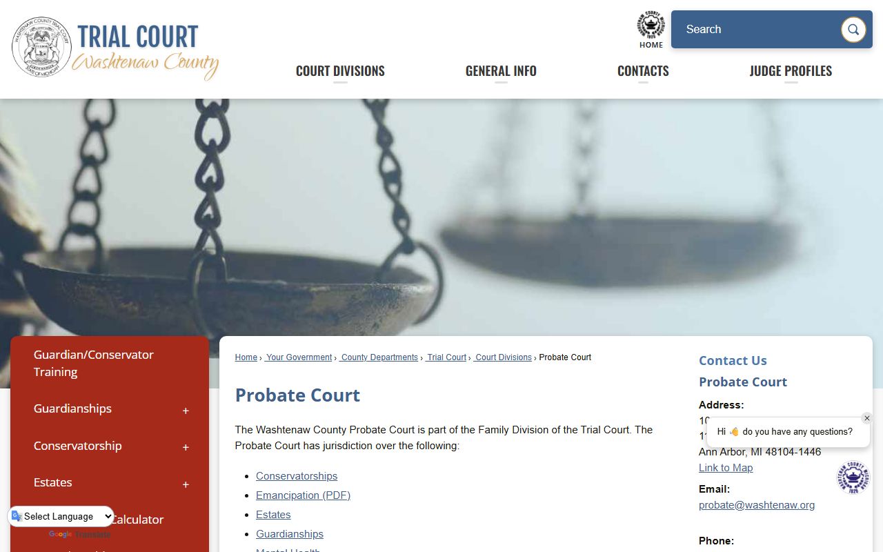 Washtenaw County Court Records Probate Court landing page