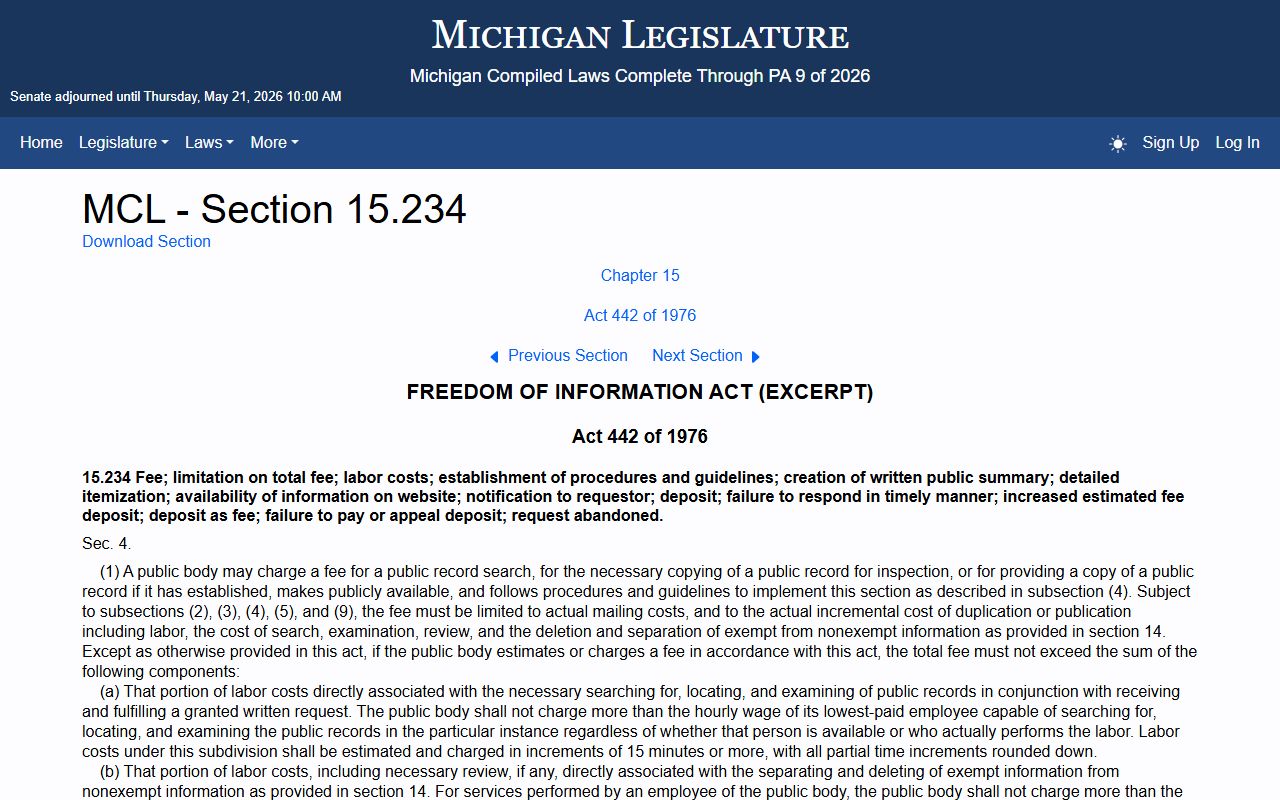Washtenaw County Public Records FOIA fees statute