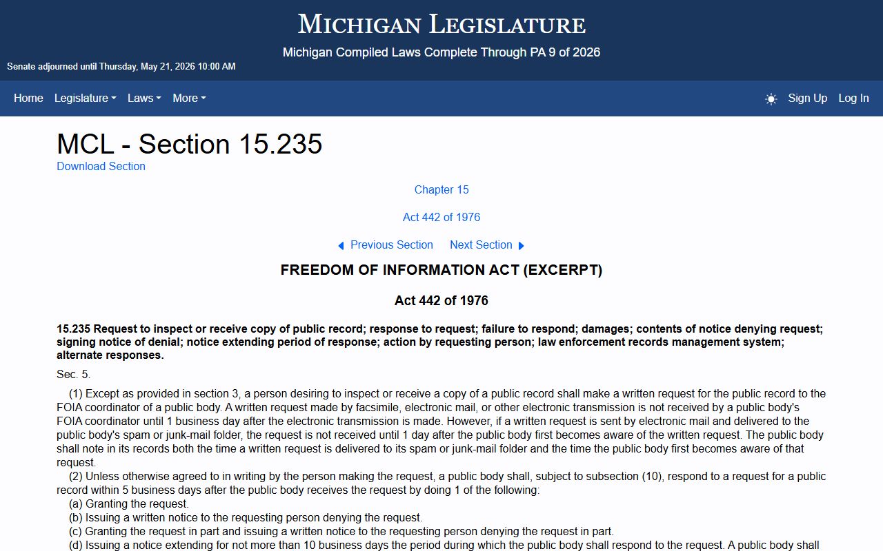 Washtenaw County Public Records FOIA responses and denials statute