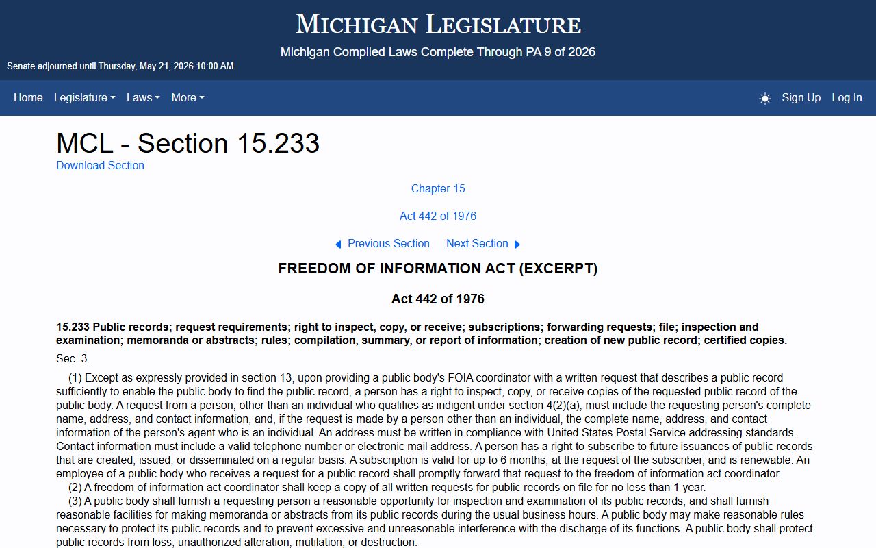 Washtenaw County Public Records FOIA right to inspect and copy statute