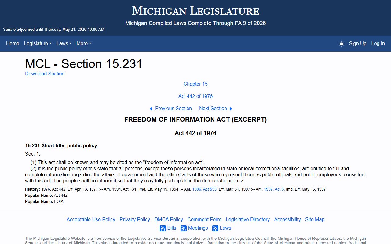 Washtenaw County Public Records Michigan FOIA public policy statute