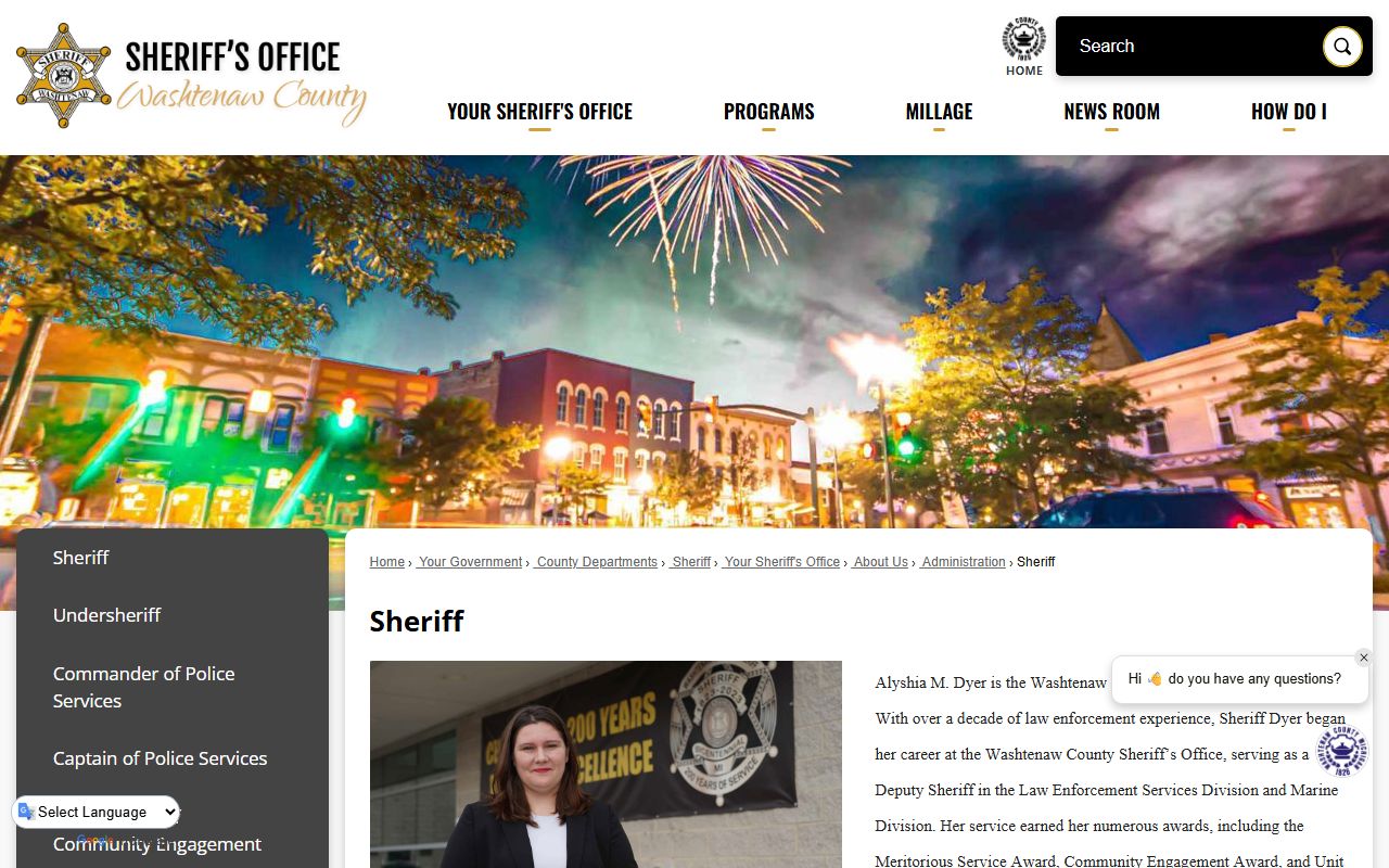 Washtenaw County Inmate Records Sheriff administration page
